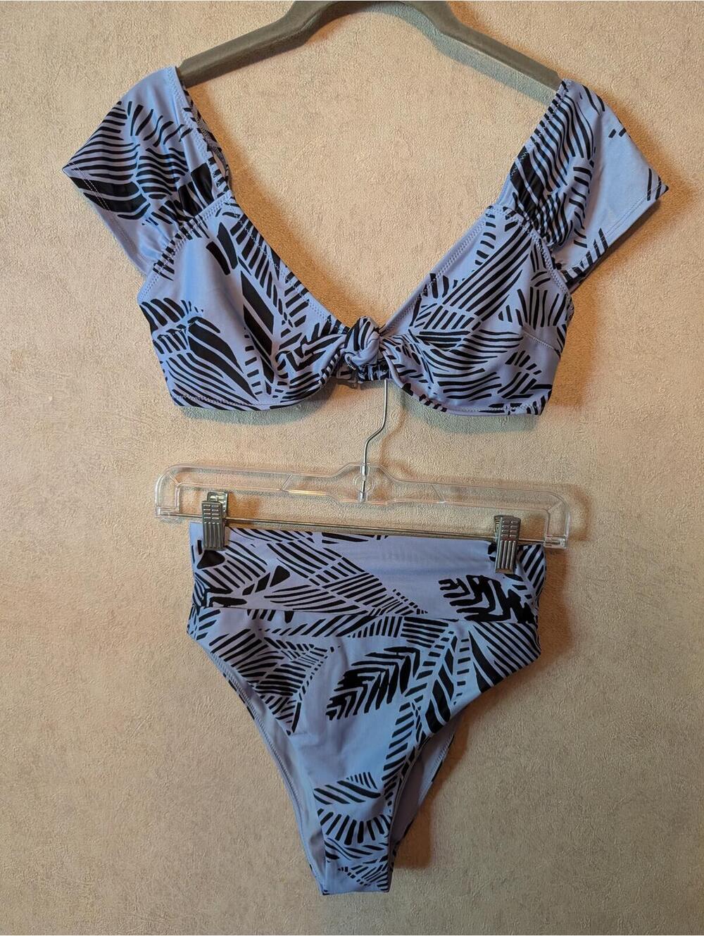 AERIE blue black palm leaf printed short sleeve bikini sz S - Picture 2 of 8